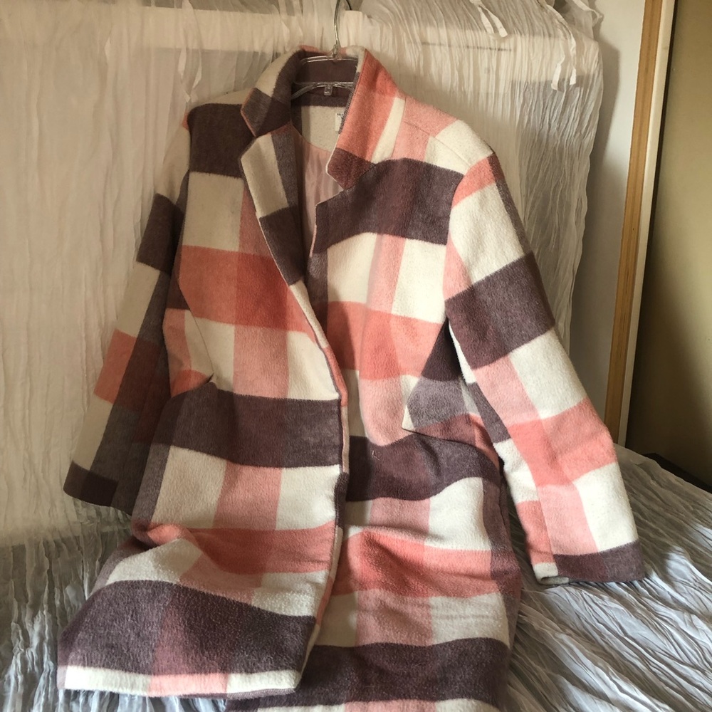 Six Crisp Days Pink brown and white plaid wool coat size S